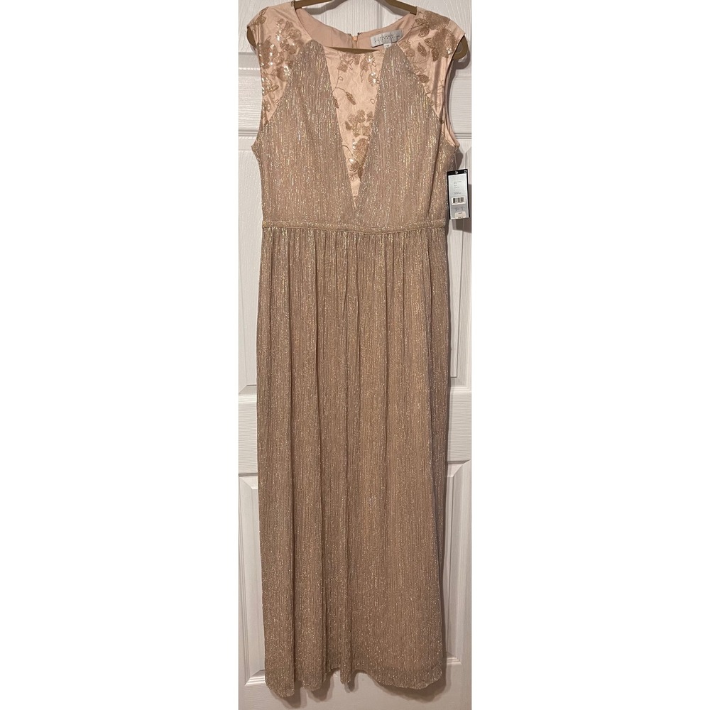 Tahari Gold Metallic Plisse Lace Sequin Maxi Evening Gown Dress 12 NEW